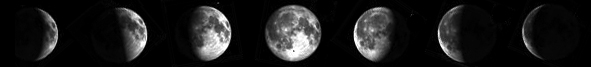 Seven images of the Moon showing its illumination from waxing crescent through full and back to waning crescent.