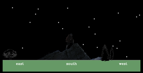 A view of the night sky over the course of a day and night. During the night the stars rise in the east and set in the west, as the Sun does during the day.