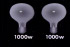 Two 1000 watt light-bulbs are shown. When one is shifted to lie two times  as far away as the other, its output drops by a factor of two squared (four) to 250 watts. When is it shifted to lie ten times as far away as the other, its output drops by a factor of ten squared (one hundred) to 10 watts.