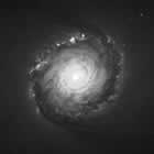 Black and white spiral galaxy image at green    wavelengths, showing bright spiral arms.