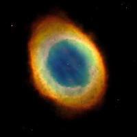 Nebula #3 (the Ring) has a green-blue central region surrounded by successive smooth ovals of yellow, orange, and red gas. The colors are quite similar to those seen in the hot springs of Yellowstone Park, such as the beautiful Opal Pool.