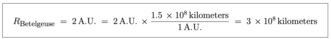 Equation: The radius of Betelgeuse is equal to 2 astronomical units, which is equal to 2 astronomical units times ( 1.5 times 10 raised to the power of 8 kilometers ) divided by 1 astronomical unit, which is equal to 3 times 10 raised to the power of 8 kilometers.