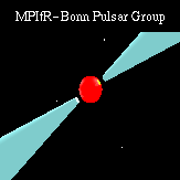 A neutron star appears as a bright dot. Two thin wings on each side indicate the star has jets, narrow streams of high-energy particles.