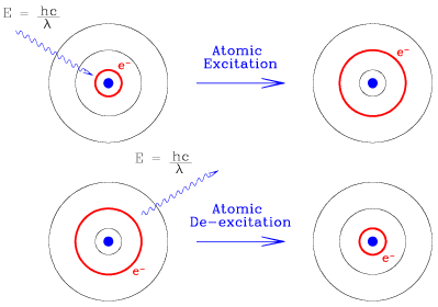 Representations of atomic excitation and de-excitation. In each picture of an atom the nucleus is shown as a small blue central core, while three surrounding circles represent three valid orbital levels for electrons. To illustrate excitation, we begin with an atom with an electron in the lowest energy level (the circle drawn closest to the nucleus), and a photon (drawn as a long arrow whose body is a sine wave) which is absorbed (the arrow points down towards the center of the atom). In the exictation process the photon is absorbed by the electron. In the second panel the photon is no longer drawn, and the electron has jumped from the lowest energy level (smallest circle) to a higher energy level (the middle-sized circle). To illustrate de-excitation, we begin with the electron still attached to the middle-sized circle, and show a phton being released (an arrow starts near to the electron orbit and points out away from the center of the atom). In the second panel the photon is not drawn, and the electron is shown to have jumped back down to the lowest energy level. Attached to both arrows representing photons is the equation E is equal to h times c over lambda.
