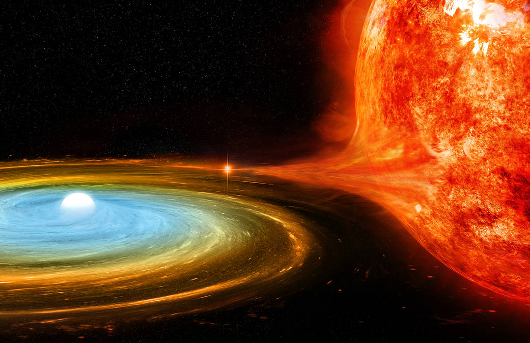A second image of a white dwarf accreting material from a red giant companion; this image has many more impressive details because it was made by a professional artist rather than an astronomer. The roiling surface of the red giant is shown to be covered with wispy prominences of gas, and the accretion ring of gas is drawn in red as it escapes the red giant but slowly turns orange, yellow, and even blue as it is drawn closer and closer to the white dwarf (indicating that the material is being accelerated and energized to emit shorter and shorter wavelength photons).