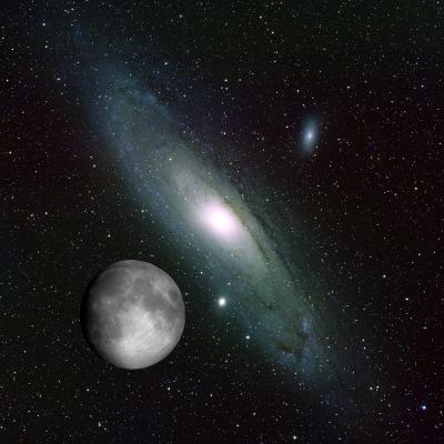 Image of the Andromeda galaxy, a large spiral galaxy with a yellow-white central region surrounded by pale white-blue fuzzy arms. An image of the Moon is superimposed next to the galaxy to show that it is roughly four times larger than the Moon (and so a very large object indeed). One might wonder why it is harder to see than the Moon – this is because it is much fainter. Note the presence of a much smaller (more distant) galaxy above and to the right of Andromeda, as well as a multitude of faint stars spread across the image.