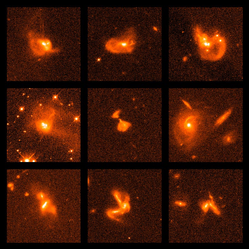A mosaic of nine galaxies showing extreme disorder, thought to be derived from significant interaction events.