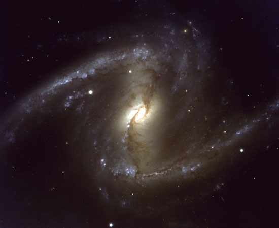 Image of barred NGC 1365, showing a warm yellow bar overlaid with brown dust and greatly extended spiral arms shooting off the ends of the bar.