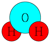 A molecule of water, with a central oxygen atom surrounded by two smaller hydrogen atoms.