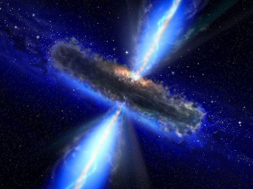 Artist's conception of a quasar in the center of a galaxy, showing bright jets of plasma and an accretion disk.