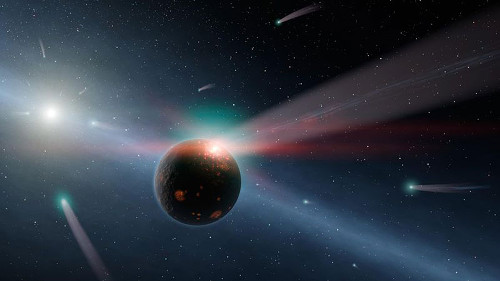 A planet being bombarded by comets, a nod to a large extinction event in the past.