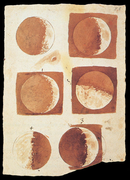Six sketches of the Moon in various phases, made by Galileo Galilei.