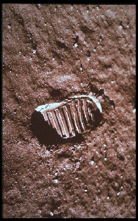 Footprint left in the lunar dust by Apollo 11 astronaut Buzz Aldrin's boot.