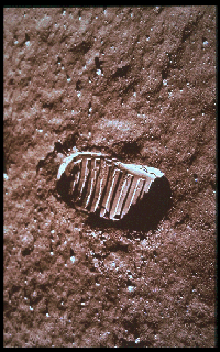 Footprint left in the lunar dust by Apollo 11 astronaut Buzz Aldrin's boot.