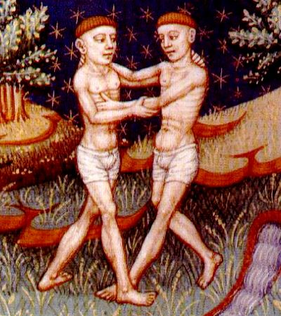 The constellation of Gemini, twin boys (named Castor and Polydeuces in Greek mythology) wrestling with each other.