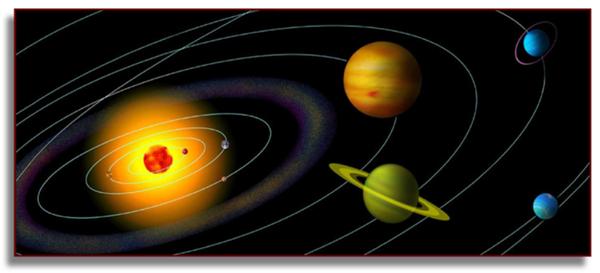 The bright red Sun surrounded by the small rocky inner planets and the gaseous outer planets.