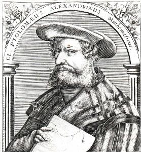Portrait of Claudius Ptolemy, carrying a sheaf of papers filled with his writings.