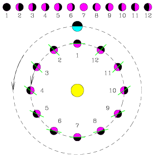 Observed phases of planet Venus under the heliocentric model, extending from a new phase to a full phase and back down to a new phase again as the position of Venus shifts away from and then towards that of the Earth as they both orbit around the Sun. Venus is shown in twelve positions, and each Venus is shown with a bright side facing the Sun and a dark side facing away, and a line dividing the planet again into a side facing toward the Earth and a side hidden from the Earth. The observed phases are defined by the fraction of the bright side that can be seen from Earth. Keep in mind that during the new and full phases Venus lies very close to the Sun in the sky, and so it would be extremely difficult in practice to observe its phase. When Venus is farthest from the Sun in the sky, however, its phase will show that more than half of the observed side is illuminated by sunlight.