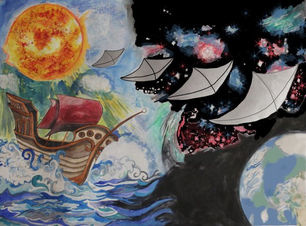 Artist's conception of a solar sail, showing the Sun emitting light upon which is borne a sailing ship (with both traditional sails and above a sequence of solar sails), bridging the space between the Sun and the Earth. In the background we see many other smaller, distant sails for other craft, and the mysteries of space far beyond. This painting was created by GEAS project artist in residence Stephanie Smith.