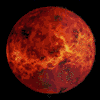 Planet Venus, with a red and black surface with strands of gold.