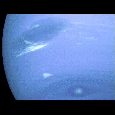 Close-up of the storm named Scooter, a bright feature discovered by the Voyager 2 spacecraft.
