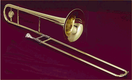 Trombone, a member of the brass instrument family, made out of metal, with sections that can be extended to change the pitch to a lower sound.
