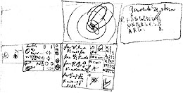A picture of Bohr's initial notes for the new model of the atom, which are messy, smeared, and indicate excited haste. If one looks closely, one may imagine that these are faint signs of a ring due to a coffee cup being set down on the surface, and a few crumbs from a particularly delicious croissant.