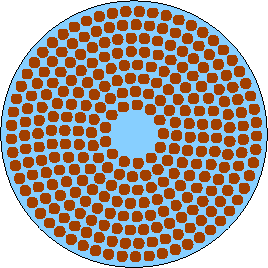 Thomson's model of the atom, in which the body of the atom is a smooth sphere with uniform positive charge distributed throughout, with tightly packed discrete negative charges distributed uniformly throughout. The innermost region of the atom is left empty to signify that there is no isolated nucleus component in this model.