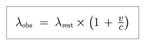 Equation: The observed wavelength (lambda-sub-obs) is equal to the rest wavelength (lambda-sub-rest) times the sum of one plus the ratio of v over c ( 1 + (v/c) ).