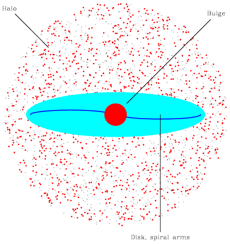 Diagram of a galaxy. At the center a red sphere is labeled bulge; a horizontal thin light blue disk intersects the center of the bulge; two dark blue curved arms within the disk adorn the bulge like wings on a golden snitch, both curved in the same direction (if you placed them on top of each other, they would line up); a larger sphere filled with red stars and tiny black stars contains the bulge and disk and is labeled halo.