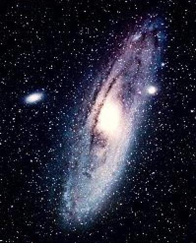 The Milky Way and Andromeda galaxies are projected to interact in the far future; a linked animation shows a simulation of two disk galaxies interacting, with giant plumes of gas being thrown out wildly as the galaxies meet and dance, their cores coming together and separating in an energetic courtship.