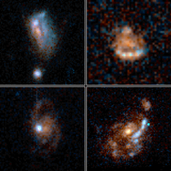 Telescope image of four distant irregular galaxies from the MDS survey, showing similar distributions of patchy light and disordered structure.