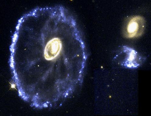 The Cartwheel Galaxy has a distinctive blue ring of stars in its outer regions, a relic from a collision 400 million years ago with a smaller galaxy.