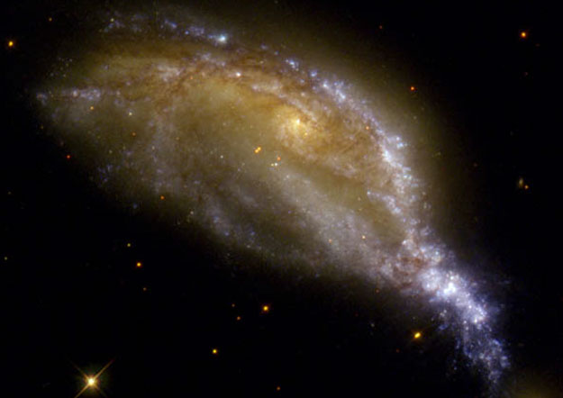 The arc of purple-white and blue stars which jets across the disordered galaxy shows the path of a smaller one which passed through it.