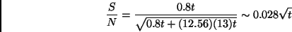 \begin{displaymath}{S\over N} = {0.8 t \over \sqrt{0.8 t + (12.56)(13)t}} \sim 0.028 \sqrt{t}\end{displaymath}