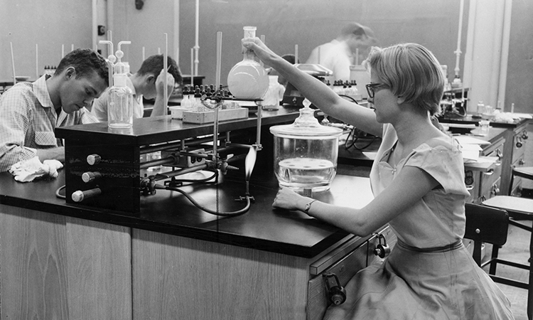 Historical photo of NMSU Chemistry Students in lab.